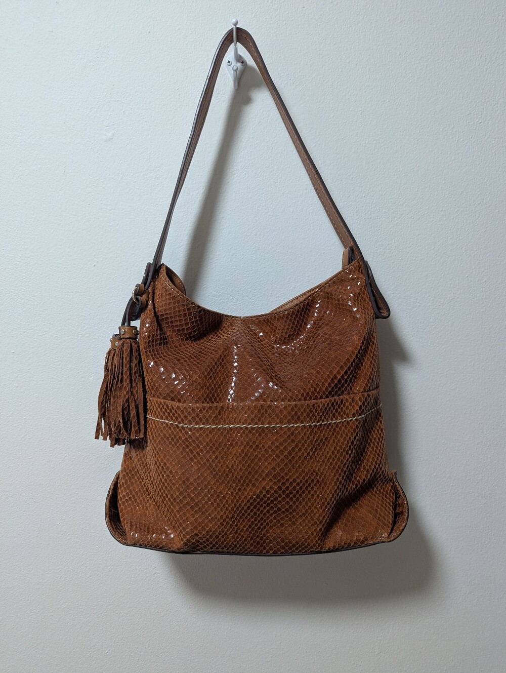 Sondra Roberts Brown Faux-Snakeskin Hobo Bag with Tassel